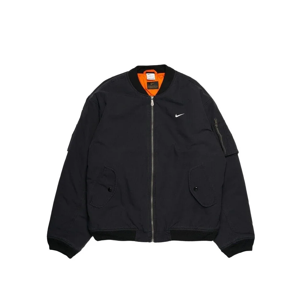 Nike Solo Swoosh Flight Bomber Jacket Black Canvas DX0680-010 Size M Oversized - Picture 1 of 8